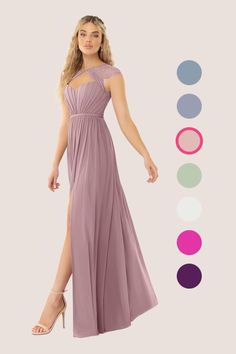 a woman in a long purple dress with different color options for the colors on it