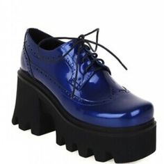 New Square Toe Platform Block High Heel Lace Ups Brogue Pu Leather Shoes Blue Round Toe Oxfords For Spring, Synthetic Platform Lace-up Oxfords, Synthetic Platform Oxfords Lace-up, Blue Lace-up Oxfords With Rubber Sole, Blue Low-top Oxfords With Rubber Sole, Blue Lace-up Shoes With Leather Sole, Casual Blue Lace-up Shoes With Round Toe, Blue Closed Toe Heels With Rubber Sole, Casual Blue Oxfords With Round Toe