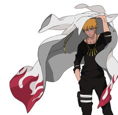 an anime character with blonde hair and black clothes, holding his hands on his head