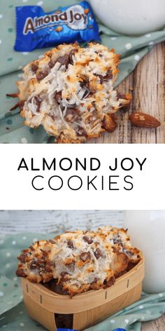 almond joy cookies in a wooden bowl and on a table