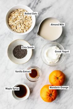 ingredients to make an oatmeal smoothie laid out on a marble surface