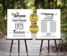 two white and gold wedding signs on eases