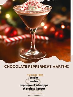 a chocolate peppermin martini with whipped cream and candy canes