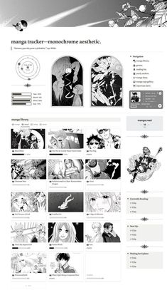 an image of a website page with anime characters in black and white, as well as the