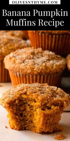 banana pumpkin muffins are cut in half and stacked on top of each other