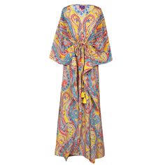 Feel like a princess when you wear our Saffron Principessa Paisley Italian silk maxi dress. Principessa in Italian means princess and is pronounced prin-chee-pessa, The rich saffron colour in this print sets off a magical multicolour mix of blues, reds, and oranges that swirl around in the detailed paisley motifs to make for a truly exciting combination of colours. This paisley was designed especially for us by a very famous fashion printing mill in Como, Italy where Jean Marie our founder, happ Conservative Outfits, Paisley Motifs, Maxi Kaftan, Indian Block Print, Silk Maxi, Famous Fashion, Handkerchief Hem, Silk Maxi Dress, Kaftan Dress