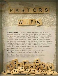 letters and scrabbles spelling the word pastor's wife