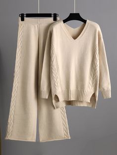 Stylish Loose Long Sleeves Solid Color V-Neck Sweater Tops &  Wide Leg Pants Two Pieces Set KHAKI-One_size Wide Leg Pants Outfit, Knit Two Piece Set, Wide Leg Pant Suit, Tracksuit Outfit, Mid Waist Pants, Leg Pants Outfit, Pantalon Large, Collar Sweater, Loose Sweater