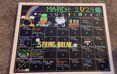 a chalk board with the words spring break written on it and pictures of people around it