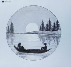 a drawing of two people in a boat on a lake with pine trees and the moon behind them