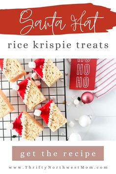 the recipe for santa hat rice krispie treats on a cooling rack with christmas decorations