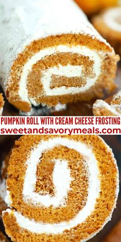 pumpkin roll with cream cheese frosting is cut in half