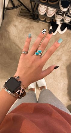 Cowprint Nails Turquoise, Black Nails With Turquoise, Western Cowprint Nails, Nails To Go With Any Outfit, Easy Country Nail Designs, Black Cowprint Nails, Black And Turquoise Outfit Western, Cow Print Western Nails, Cow Print Nails Turquoise