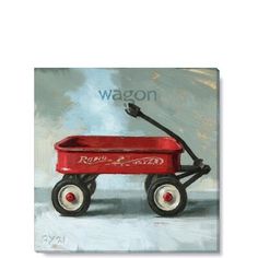 a painting of a red wagon with the word wagon on it's side and white wheels