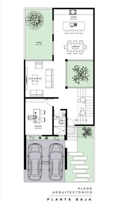 the floor plan for a house with two cars parked in front of it and an open living