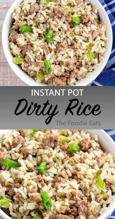 instant pot dirty rice in a white bowl on a blue and white checkered cloth