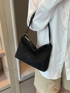 Bird in Bag - Black Rhinestone Decorative Portable Zipper and Magnetic Button Closure Fashionable All-Match Handbag Shoulder Bag for Womens Daily Wedding Banquet, Evening Handbag, Bag Luxury, Women Diamond, Black Rhinestone, Bird In Bag, Square Bag, Clutch Bag, Wedding Party