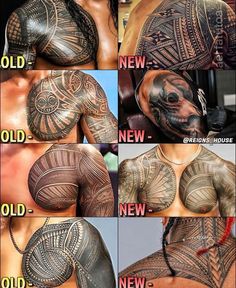 the different types of tattoos are shown on this man's chest and arm,