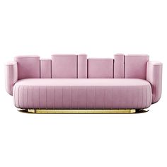 a pink couch sitting on top of a metal stand