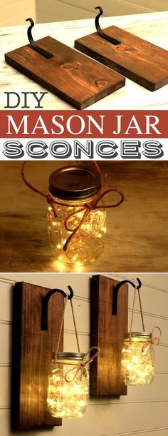 mason jar sconces are hanging from the wall with string lights on them, and one is made out of wood