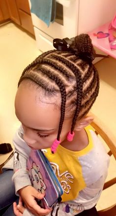 Prek Hairstyles Black, Cornrow In Two Puffs, Braids For Toddler Girls Black, Kids Cornrow Hairstyles Simple, Toddler Cornrow Styles, Kids Cornrow Hairstyles Natural Hair, Toddler Braid Styles, Black Baby Girl Hairstyles, Baby Girl Hairstyles Curly