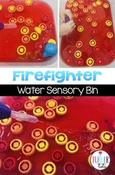 this is an image of firefighter water sensory bin for toddlers to play with