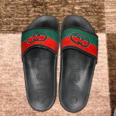 Size 44 Authentic! Purchased From Galleria Mall. No Box, Good Condition Galleria Mall, Gucci Slides, Shoes Gucci, Gucci Black, Gucci Shoes, Flip Flop Sandals, Flip Flops, Slides, Shoes Sandals