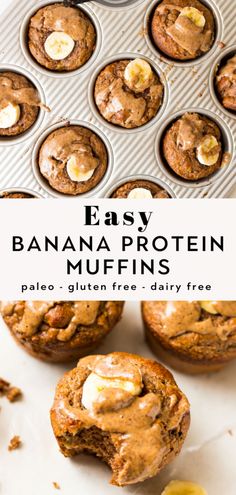 banana protein muffins in a muffin tin with the title text above it