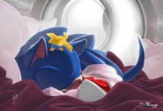 an image of a sonic the hedgehog sleeping on a bed with his eyes closed