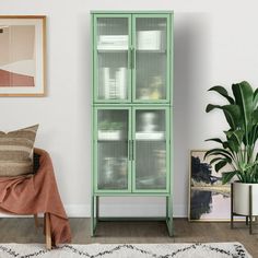 a green cabinet sitting next to a plant in a living room on top of a rug