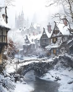 a snow covered village with a bridge over a stream