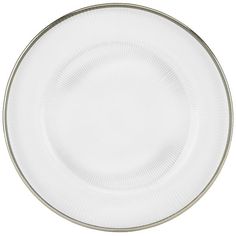 an empty white plate on a white background with silver trimmings and a line pattern