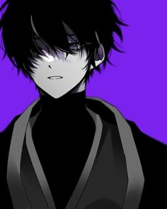 an anime character with black hair and dark clothes, standing in front of a purple background