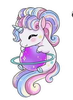 a drawing of a pink and purple unicorn with stars on it's head holding a hula hoop