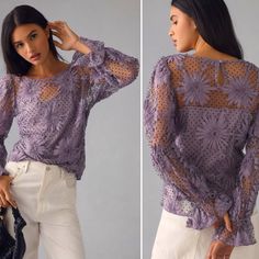 Sheer Lace Blouse With Appliqu Florals Throughout. Cinched Sleeve Detail At Wrists And Elbow. Cami Underlay Attached At Shoulders With Removable Snaps On Adjustable Straps. Back Neck Keyhole Button Closure. Pullover Styling. Lightweight. New With Tags. No Defects. Bought Before Holidays, Never Wore, Past Return Window. 24"L Polyester Hand Wash Purple Lace Tops For Spring, Purple Lace Top For Spring, Chic Spring Lace Top For Work, Anthropologie Top, Sleeve Detail, Lace Blouse, Floral Blouse, Sheer Lace, Pullover Styling