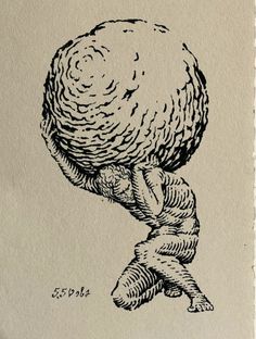 a black and white drawing of a person carrying a large object on his back with one hand