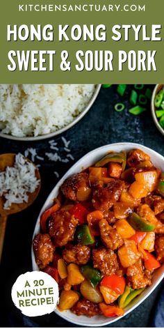 a bowl filled with meat and veggies next to rice on top of a table