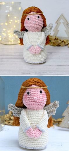 crocheted angel doll sitting on top of a table