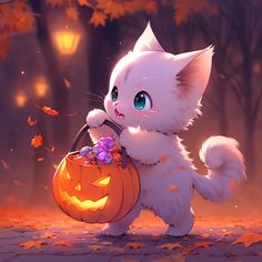 a white cat holding a pumpkin basket in the fall with leaves falling around it,