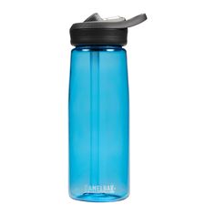 the camelbak water bottle has a black lid and is blue with a gray cap