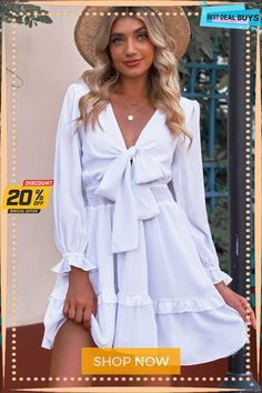 Tied Plunge Smocked Waist Flounce Sleeve Dress V-neck Mini Dress With Smocked Back For Day Out, V-neck Smocked Mini Dress For Brunch, V-neck Smock Mini Dress For Brunch, Chic V-neck Smock Dress, Spring Smock Mini Dress With V-neck, Spring V-neck Smock Mini Dress, Chic Mini Dress With Smocked Bodice And V-neck, Flounce Sleeve Dress, Flounce Sleeve