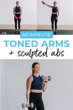 a woman holding two dumbs with the text, 25 - minute toned arms and sculpted abs