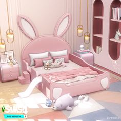 a bedroom with pink furniture and accessories in it's decorating style, including an egg shaped bed