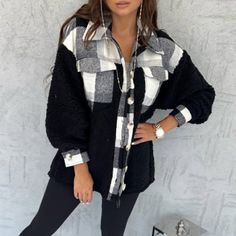 Women Autumn Casual Lapel Long Sleeve Jacket Fashion Plush Patchwork Plaid Print Coat Ladies Commuter Loose Pocket Button Jacket Plaid Print Coat, Womens Jackets Casual, Autumn Casual, Long Sleeve Jacket, Jacket Fashion, Print Coat, Button Jacket, Loose Shirts, 2023 Fashion