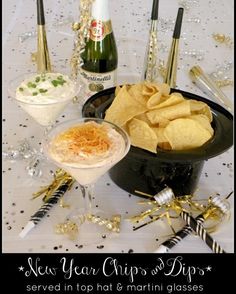 new year's chips and dips served in hot and martini glasses