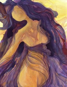 an abstract painting of a woman with long hair and flowing purples on her body