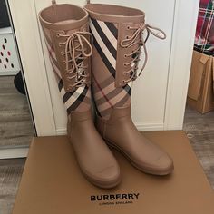 Burberry Waterproof Rubber Rain Boots With Signature Check Canvas And Faux Leather Trim. Brand New In Box With Tag. Beige Waterproof Winter Boots, Winter Beige Waterproof Boots, Beige Waterproof Boots For Fall, Burberry Boots, Burberry Rain Boots, Ankle Rain Boots, Burberry Vintage, Neoprene Rubber, Burberry Shoes