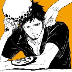 a drawing of a man with a skull on his head sitting at a table next to another person