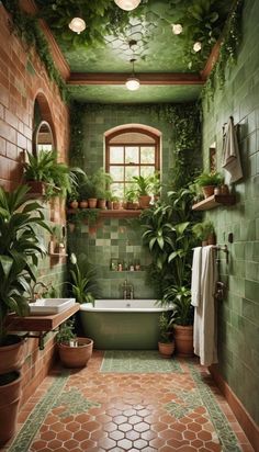 a bathroom with green tiles and potted plants on the wall, along with a bathtub