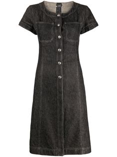 CHANEL Pre-Owned CC-buttons Denim Dress - Farfetch Classic Denim Dress For Work With Button Closure, Cotton Denim Dress With Snap Buttons For Work, Knee-length Denim Workwear Dress With Buttons, Knee-length Denim Dress With Buttons For Work, Knee-length Cotton Denim Dress With Button Closure, Knee-length Denim Dress With Buttoned Pockets For Work, Classic Fitted Denim Dress With Buttons, Classic Cotton Denim Dress With Button Closure, Classic Denim Dress With Button Closure